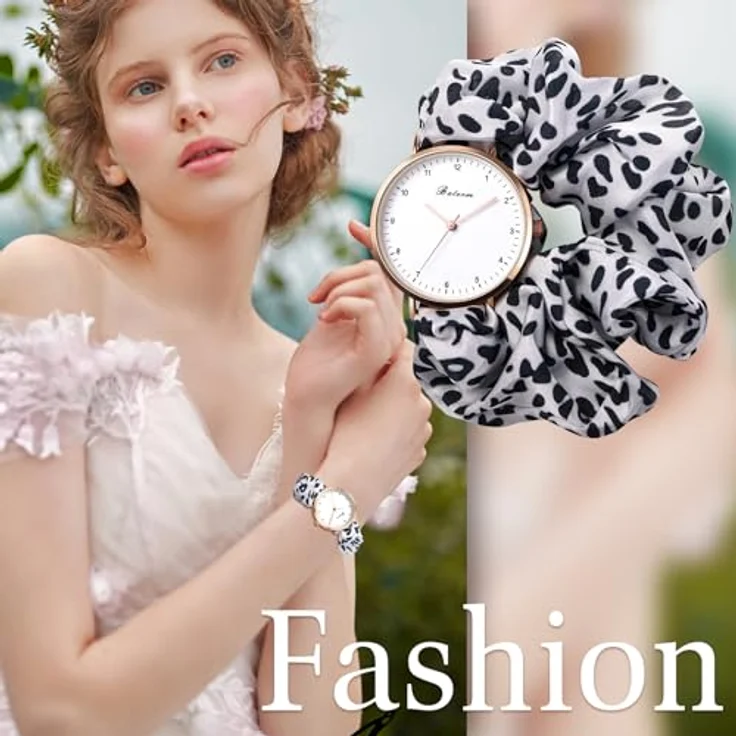 JewelryWe Damenuhr Elastisch Haarband Uhr, Schwarz Weiß Leopardenmuster, Analog Quarz Armbanduhr mit Haargummi Stretch Armband, Multifunktionale Lässige Uhr für Frauen und Mädchen – Bild 3