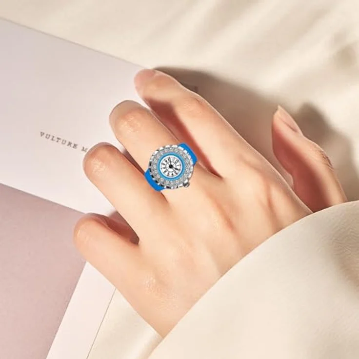 JewelryWe Ringuhr Fingeruhr Damen, Elastisch, Elegant mit Glitzer Strass, Rund Analog Quarz, Blau Legierung, Wasserdicht bis 10m – Bild 5