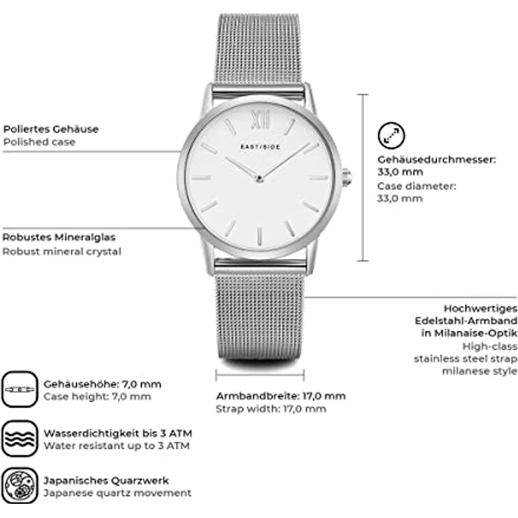 Eastside Damen Uhr analog Japanisches Quarzwerk mit Edelstahl Armband Silber 3 ATM 10080025, stilvolles Design mit Milanaise-Armband – Bild 2