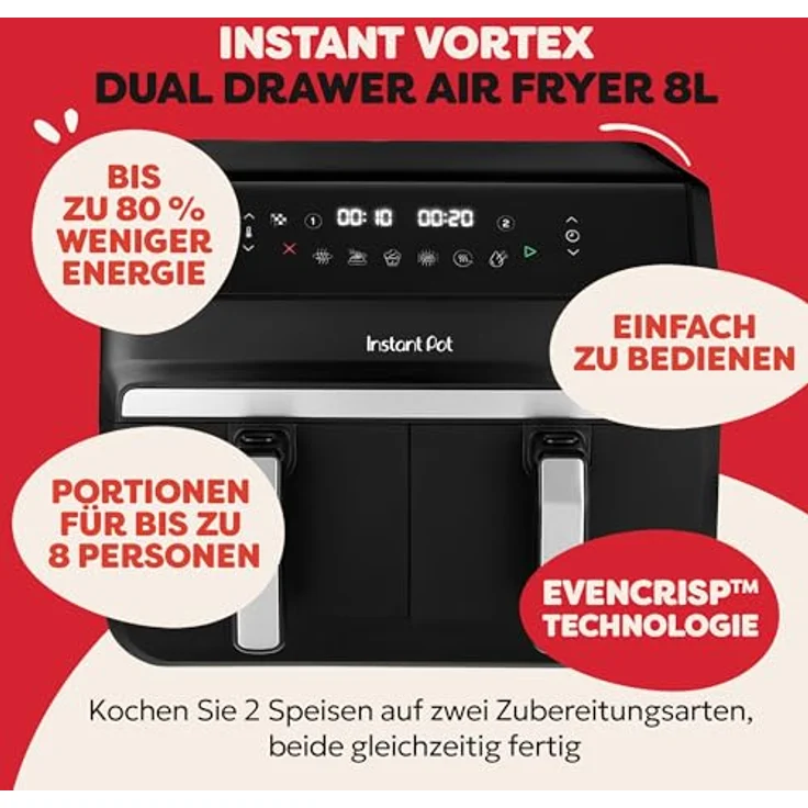 Instant Pot Vortex Dual Drawer 8L – Digitale Heißluftfritteuse, Schwarz, 8-in-1 Intelligentes Programm – Frittieren, Backen, Braten, Grillen, Dehydrieren, Aufwärmen, SyncCook und SyncFinish – 1550-1850W – Bild 2