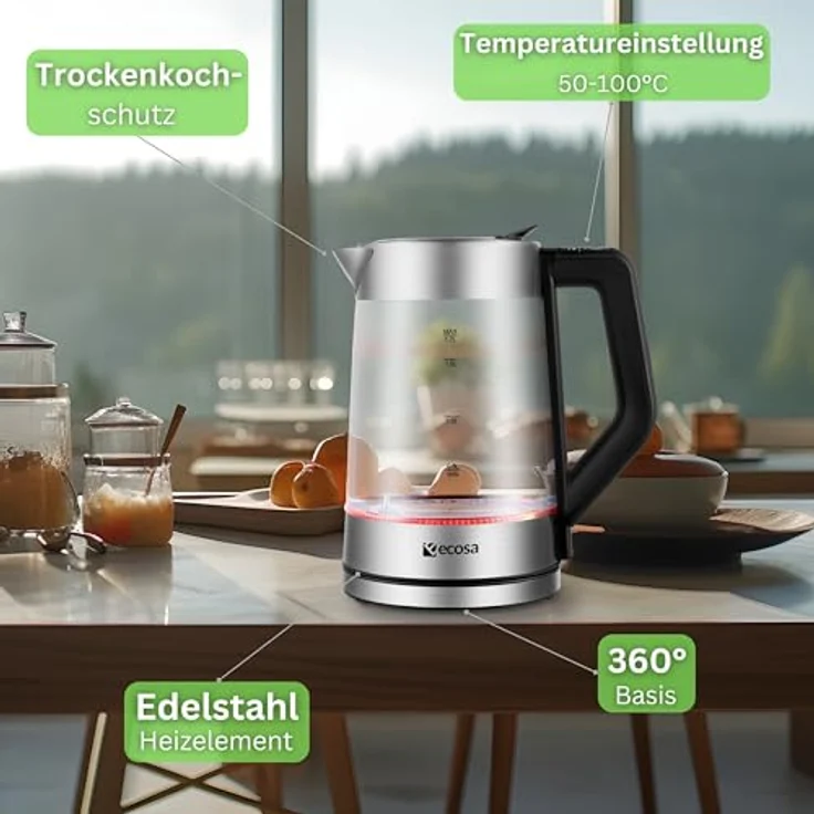 Ecosa EO-660 Glas-Wasserkocher, 2200W, 1,7L, Wasserstandsanzeige, Überhitzungsschutz – Bild 4