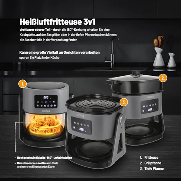 Lauben Glass&Grill Air Fryer 3in1 5500BG Heißluftfritteuse mit 5,5 l Glas-Frittierkorb, 6 Programme + Manuelles Einstellen, Grill- und Bratpfannenfunktion – Bild 3