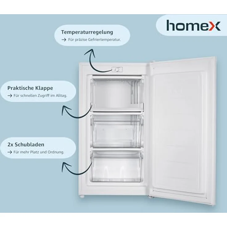 homeX FS1016-W, Kompakter Gefrierschrank mit 60L Nutzinhalt, 4-Sterne Gefrieren, freistehend, weiß – Bild 2