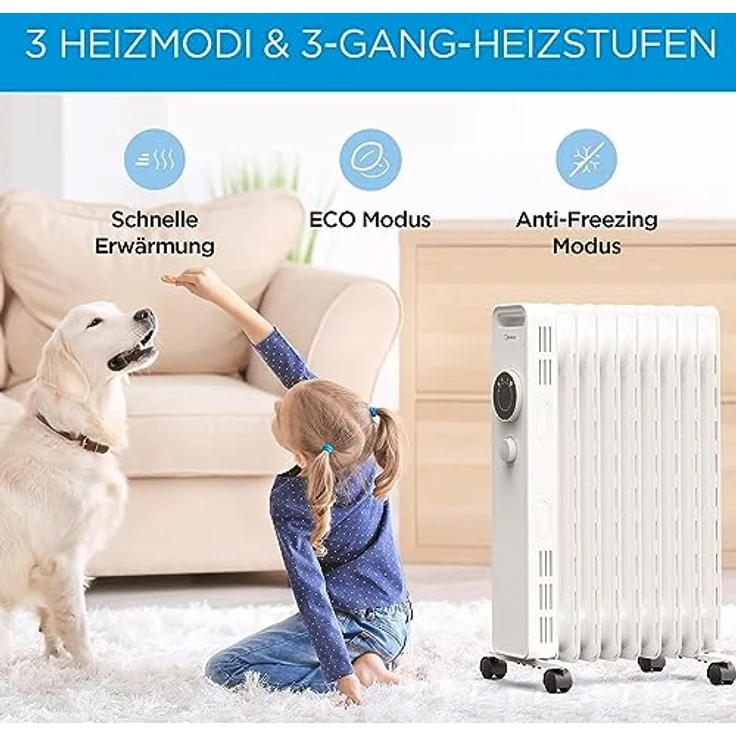 Midea NY2009-22M Ölradiator 2000W, Heizlüfter Energiesparend Leise, Heizkörper mit 9 Rippen, Einstellbarem Thermostat, 3 Heizstufen, Frostschutz, LED Display, Kipp- und Überhitzungsschutz, ECO-Modus – Bild 4