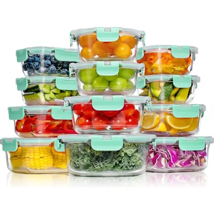 YASHE 12-teiliges Glasbehälter-Set, stapelbar & luftdicht, ideal für Meal Prep, aus Borosilikatglas, BPA-frei, grün – Bild 1