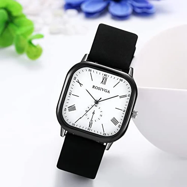 JewelryWe Herren Damen Armbanduhr, Klassische Analog Quarz Uhr mit Römischen Ziffern, Quadrat Zifferblatt, Leder Armband in Schwarz, Wasserdicht bis 10M – Bild 5