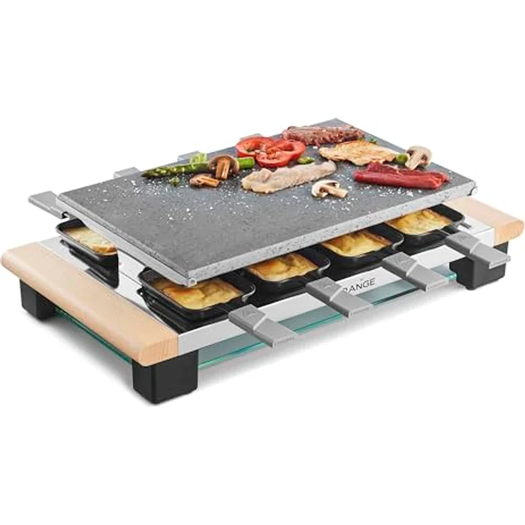 LAGRANGE Raclette Pierre Elégance für 8 Personen, Multifunktional mit Edelstahlplatte und Holzgriffen, inklusive Pfännchenablage aus Glas – Bild 4
