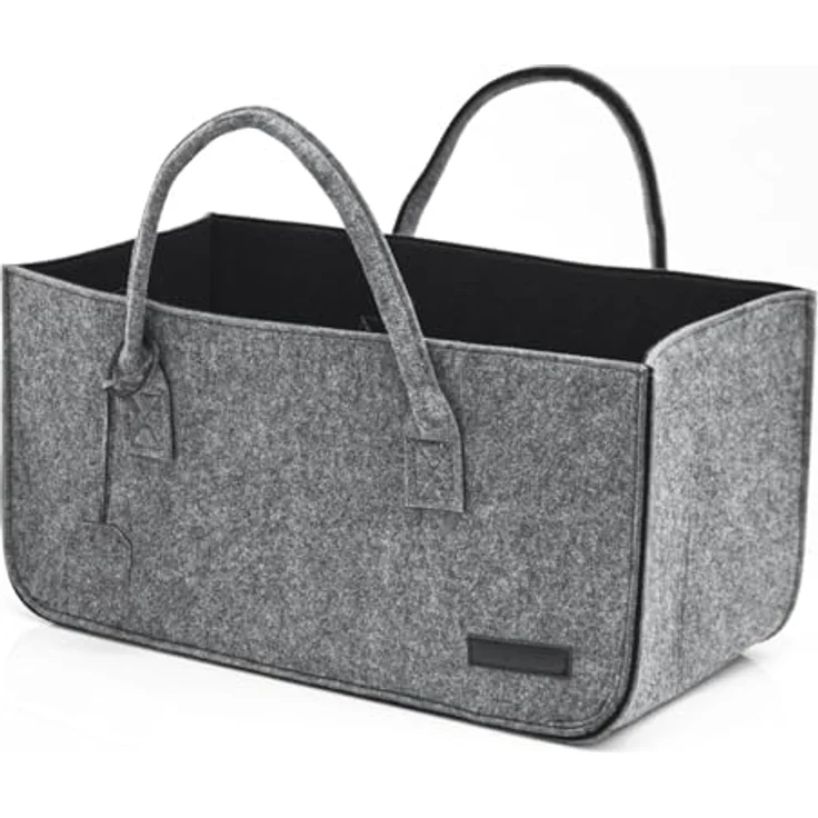 DuneDesign XXL Filztasche für Einkauf und Kaminholz, bis 25kg belastbar, 50x25x25 cm, grau und schwarz, mit stabilen Griffen und Schlüsselband – Bild 1