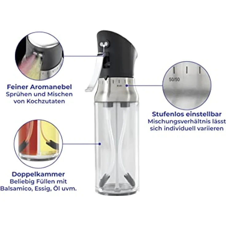 Maximex Mix Zerstäuber, Doppelkammer Essigspender mit Sprühfunktion, 2 x 100 ml Füllmenge, 9 cm x 20,4 cm x 5 cm – Bild 3