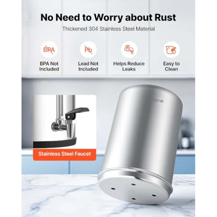 VEVOR Schwerkraft-Wasserfilter 12,3 L Edelstahl 304, Wasserfiltersystem mit 2 Aktivkohlefiltern, reduziert Blei und 99 % Chlor, Wasserstandsanzeige für Zuhause und Camping – Bild 5