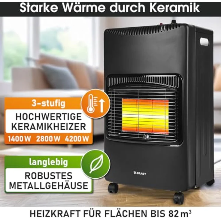BRAST Gasheizer Keramik Vulkan, 4200W mobile Gasheizung mit 3 Heizstufen, Schutzhülle, Druckminderer, klappbar für Gasflaschen bis 15kg – Bild 2