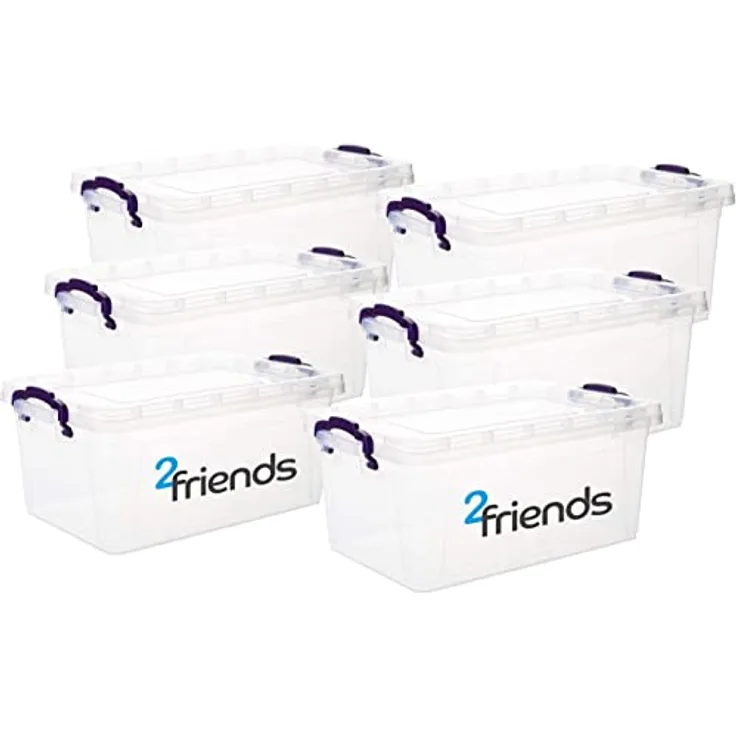 Aufbewahrungsbox mit Deckel, 6 Stück Aufbewahrungsboxen, 22 Liter Boxen Aufbewahrung, Transparent Plastikbox mit Deckel, Made in EU, Model: Mia, Kisten Aufbewahrung mit Deckel und lila Griffen