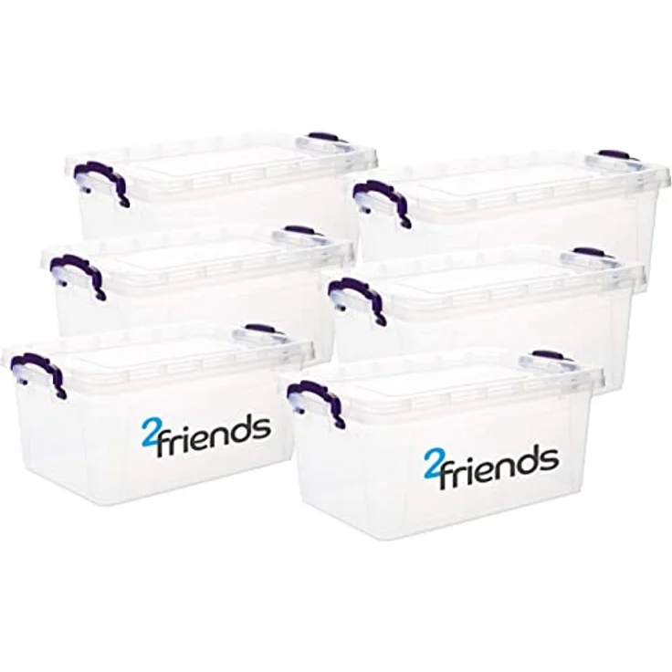 Aufbewahrungsbox mit Deckel, 6 Stück Aufbewahrungsboxen, 22 Liter Boxen Aufbewahrung, Transparent Plastikbox mit Deckel, Made in EU, Model: Mia, Kisten Aufbewahrung mit Deckel und lila Griffen – Bild 1