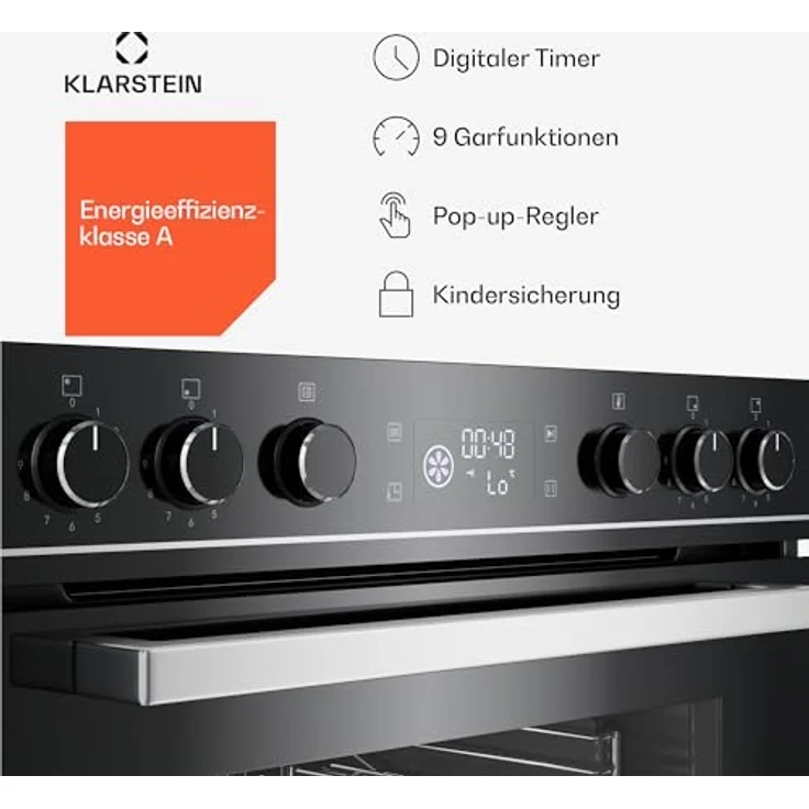 Klarstein ControlSync Backofen Mit Induktionskochfeld - 72L Einbaubackofen, 9 Kochfunktionen, Digitaler Timer, Kindersicherung, Kochfeld 4 Zonen Mit Booster, Schwarzes Glas, Energieklasse A – Bild 5