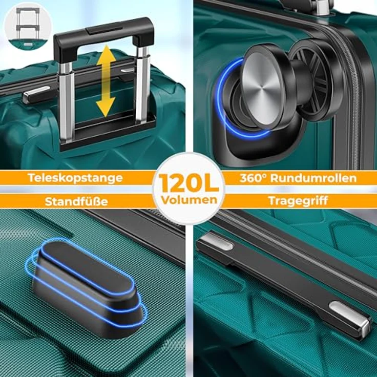 KESSER® Reisekoffer 120L ABS Hartschalenkoffer mit Zahlenschloss, Kofferwaage, Reisebrieftasche & 360° Rollen, Trolley Petrol Teal – Bild 5