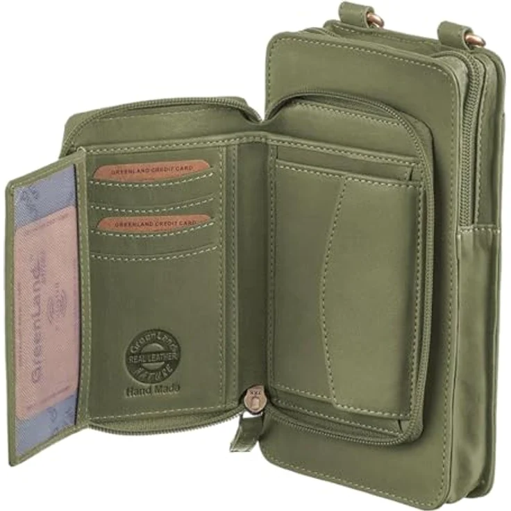 Greenland Nature Handytasche mit Geldbörse, Leder, 11 cm, grün, abnehmbarer Umhängeriemen – Bild 6