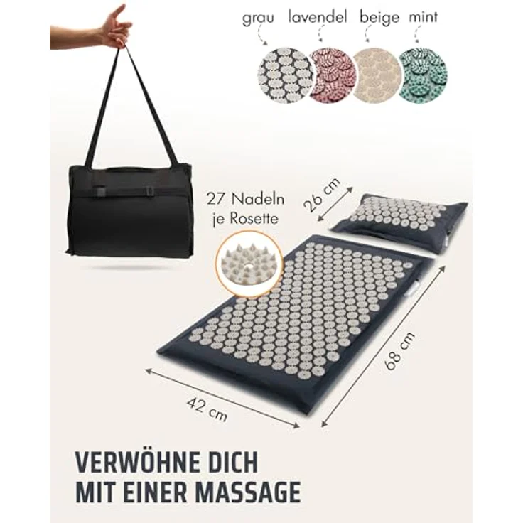 NEOLYMP Akupressurmatte Akupunkturmatte 100% Leinen, Kokosfaserfüllung, 8000 Druckpunkte, beige-grau – Bild 2