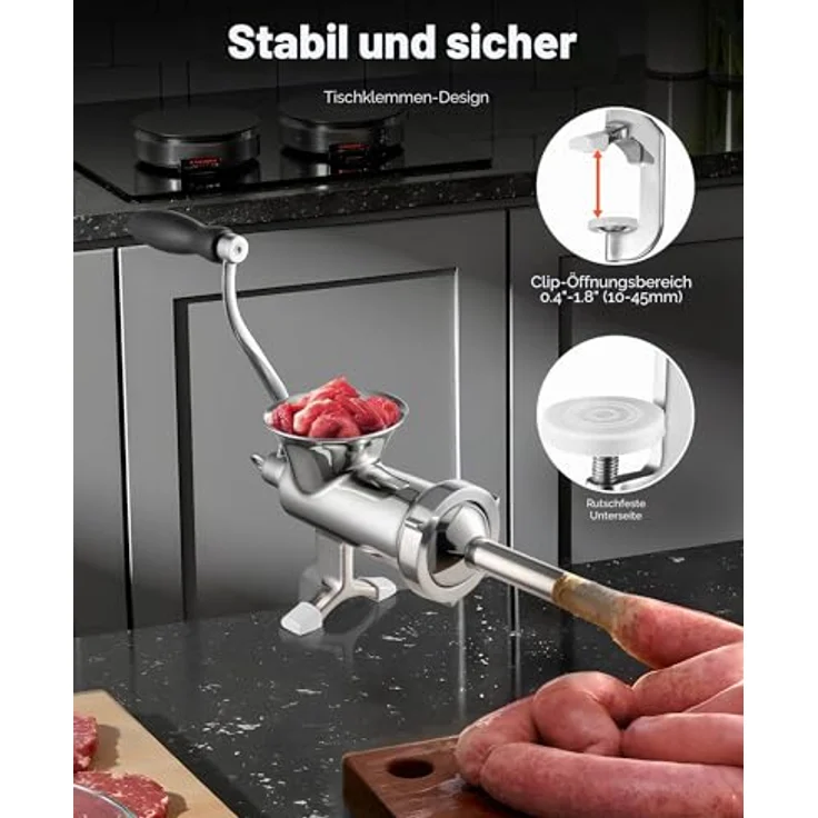 VEVOR manuelle Fleischwolf Hand Wurstfüller 304 Edelstahl, vielseitiger Küchenhelfer mit 4,5 & 8 mm Schneidplatten und Wurstrohr, silber – Bild 2