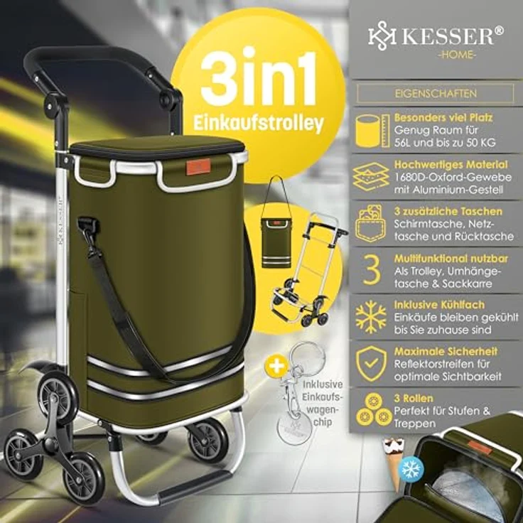KESSER® Einkaufstrolley Treppensteiger mit Kühlfach, klappbar, 56L, belastbar bis 50kg, 3in1 Trolley Sackkarre & Umhängetasche, Khaki – Bild 2