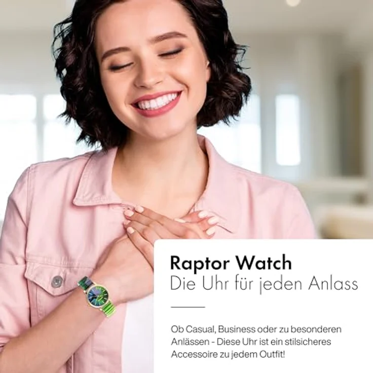 Raptor Colorful Edition Damen-Uhr, Quarz-Armbanduhr mit grünem Edelstahl Zugarmband und flexiblem Tragekomfort, 36 mm – Bild 5