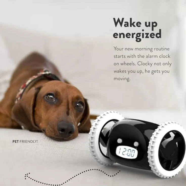 CLOCKY Funny Gift- Loud Alarm Clock on Wheels, Black, Run Away Moving Jump Roll Vibrating, 1-Time Snooze, Digital, Wake Up Energized – Bild 3