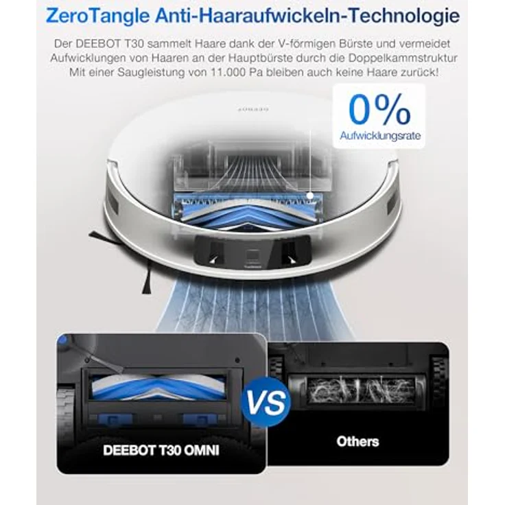 ECOVACS DEEBOT T30 PRO Omni Saugroboter mit Wischfunktion, mit TrueEdge Moppin, Zero Tangle Bürste, 11.000 PA Saugkraft mit heißem Wasser und Smart Rewash, Farbe Silber – Bild 3