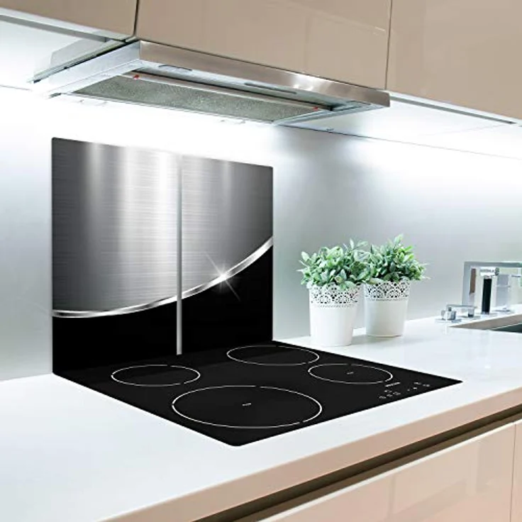 Tulup Schneidebrett Spritzschutz Abdeckung Herdabdeckplatte 2x30x52 cm Kochplattenabdeckung Silber Gehärtetes Glas - Metall Schwarz – Bild 3