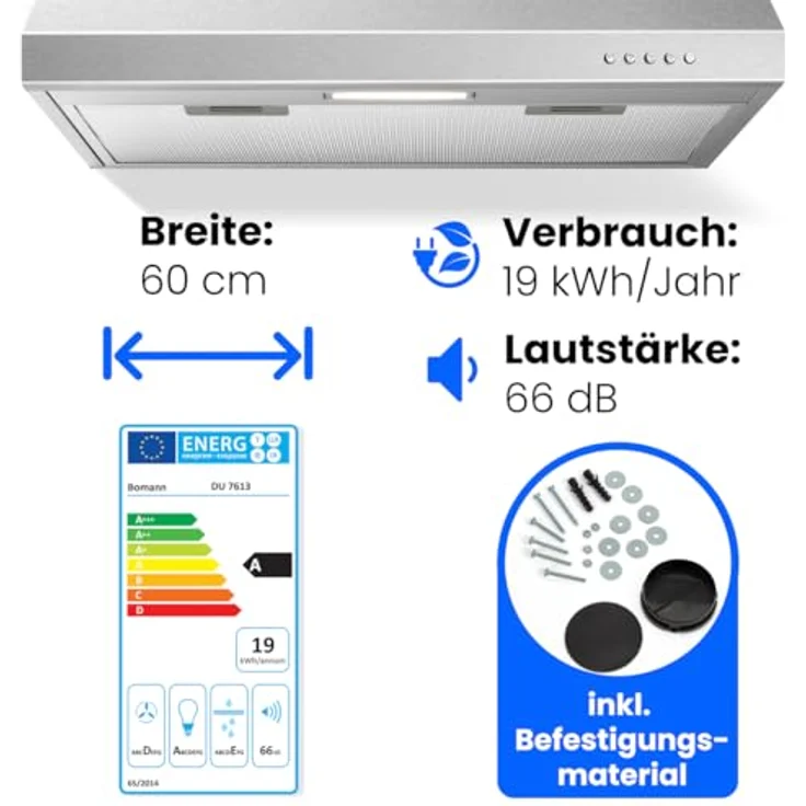 Bomann® Dunstabzugshaube DU 7613 inox, 60 cm Unterbau, Umluft- und Abluftbetrieb, 222 m³/h, LED-Beleuchtung, inklusive Montage-Material – Bild 2