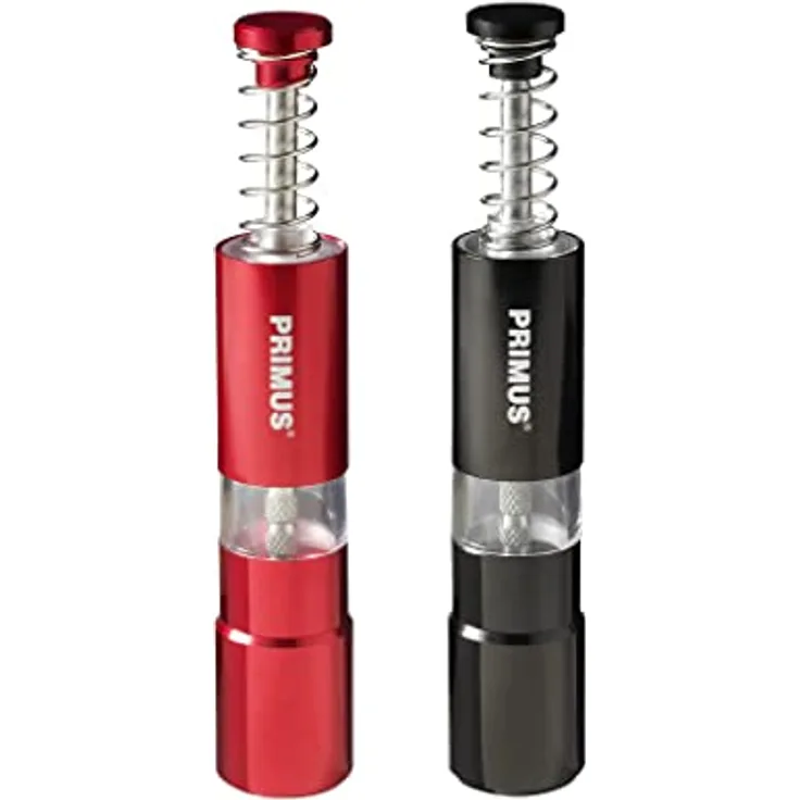 Primus Salt and Pepper Mill, Set aus Aluminium mit einhändiger Bedienung, Schwarz-Rot