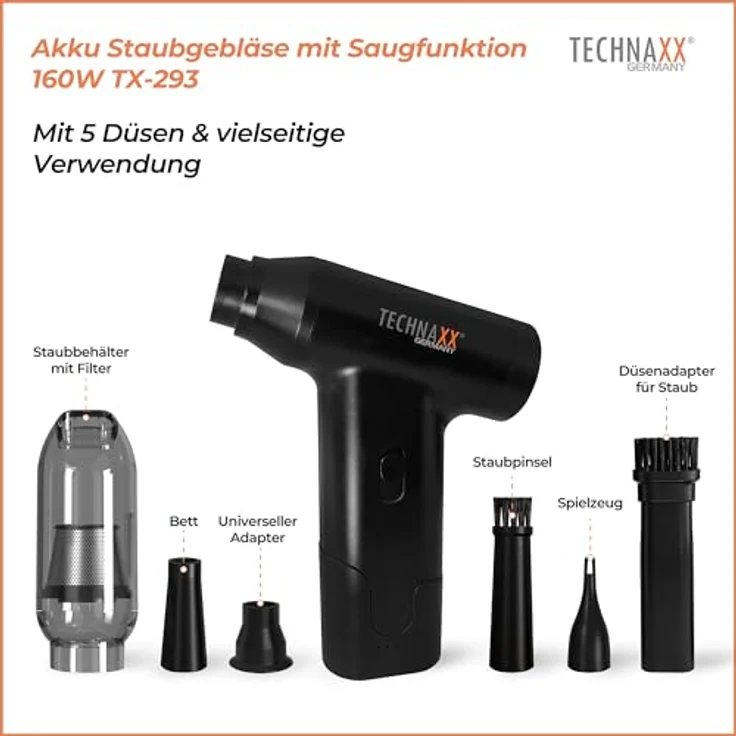 Technaxx Krümel-Akkusauger Technaxx Akku Staubgebläse mit Saugfunktion 160W TX-293, Handstaubsauger mit 5 Aufsätzen, schwarz – Bild 2