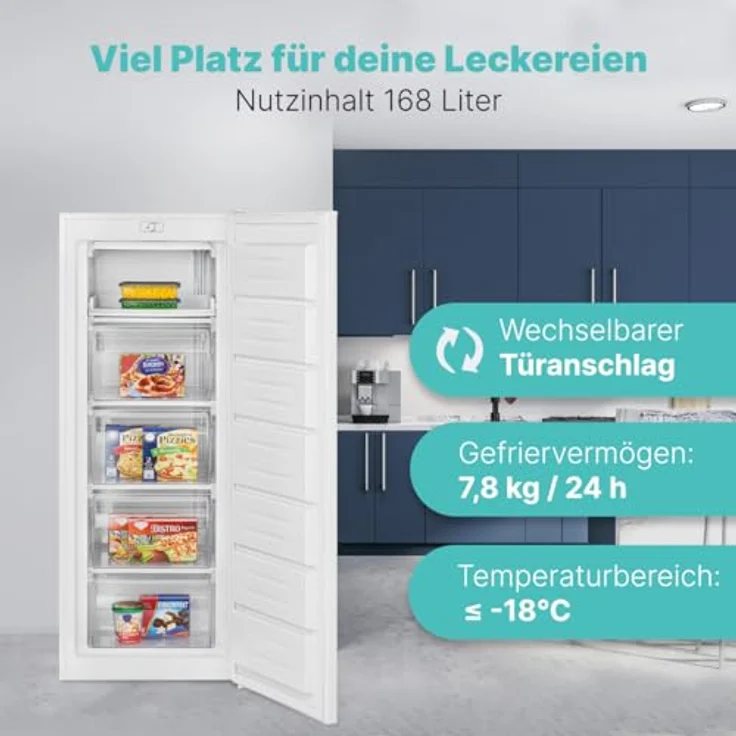 Bomann Gefrierschrank GS 7364, 168L, 4 Sterne-Gefrierfach, -18°C, leise, wechselbarer Türanschlag, weiß, 143cm – Bild 2