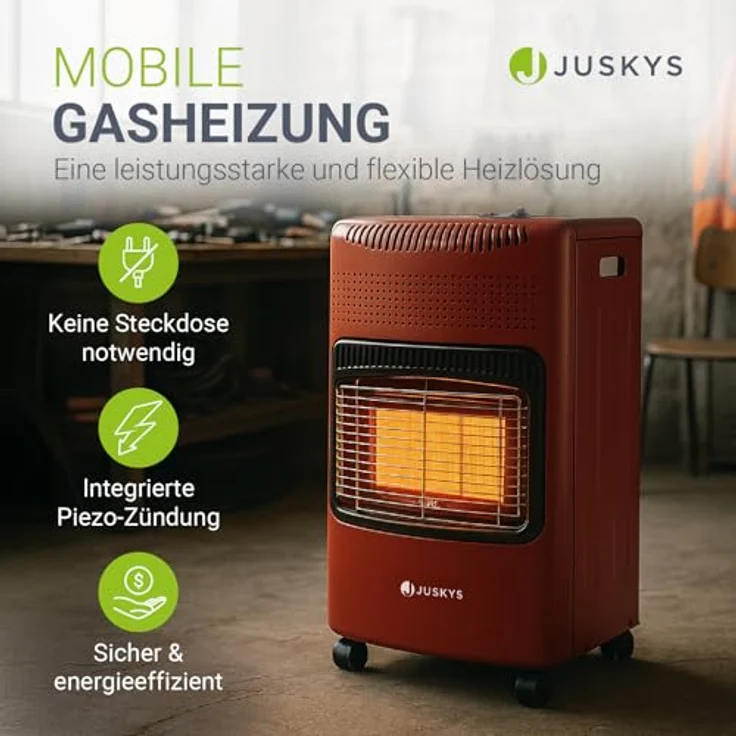 Juskys Heizstrahler GS42US, 4200 W Infrarot-Gasheizung mit 3-Stufen-Wärme-Regler, rot, mobiler Gasheizer mit Sicherheitsstandards – Bild 2