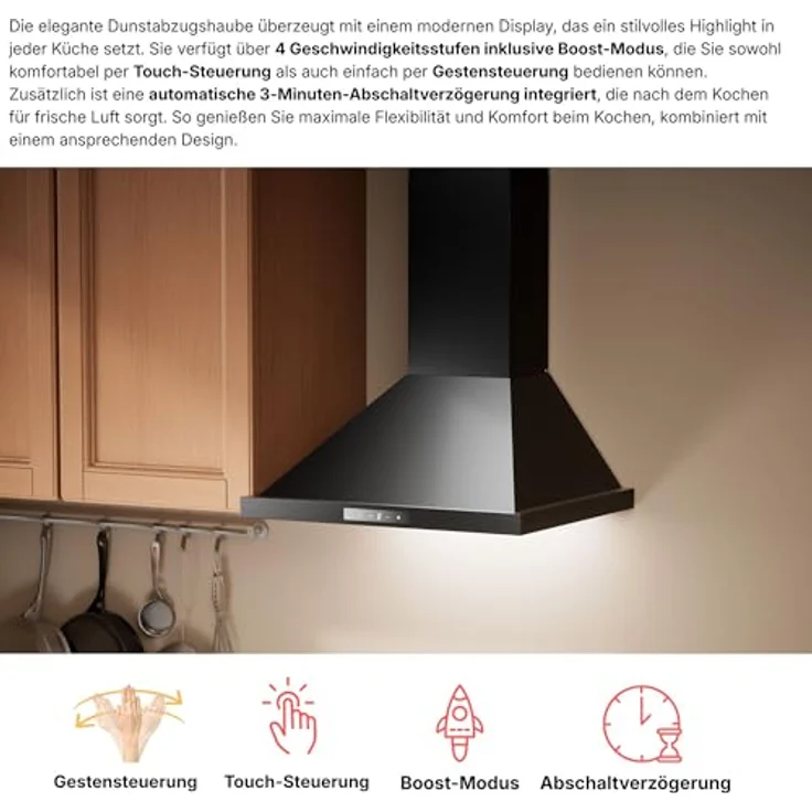 KB ELEMENTS Dunstabzugshaube Unterbau 60 cm, Touch- und Gestensteuerung, 650 m³/h, Doppelter Motor, Abluft/Umluft, mit Glasfront und LED-Beleuchtung – Bild 3