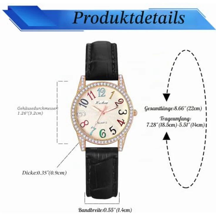 JewelryWe Analog Quarz Armbanduhr Damen, schwarze Lederuhr mit bunten arabischen Ziffern und Glitzer-Diamant-Design, 10m wasserdicht – Bild 5