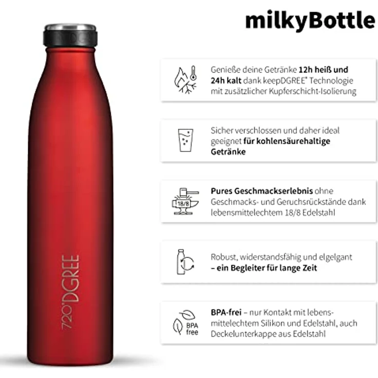 Trinkflasche Doppelwandig Edelstahl 500ml Isolierflasche 720°DGREE milkyBottle imperial red – Bild 2