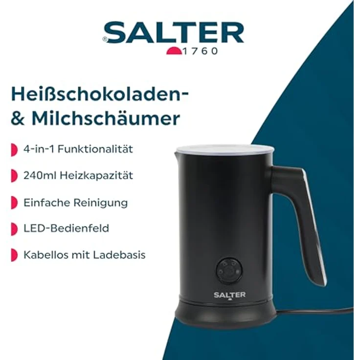 Salter Chocolatier Heißschokoladenbereiter - 4-in-1 Milchaufschäumer & Milchheizer, 240ml/115ml, 500W, kabellos, LED-Bedienfeld für warme und kalte Getränke – Bild 2