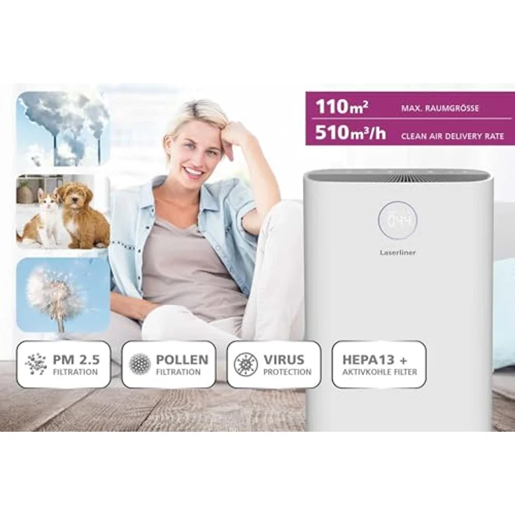 Laserliner AirBreeze 510UV, Luftreiniger für Räume bis 110m² mit Luftfeuchtigkeitsanzeige, Weiss – Bild 6