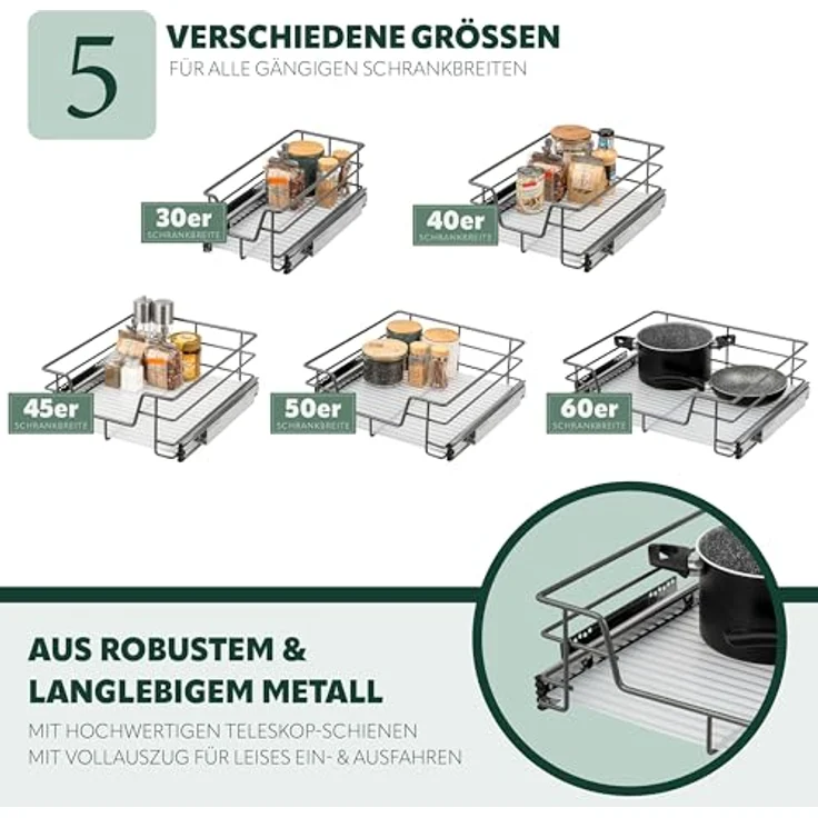 bremermann Teleskopauszug 45 cm für Küchenschrank, Metall, mit herausnehmbarem Einlegeboden und Teleskop-Vollauszug – Bild 5