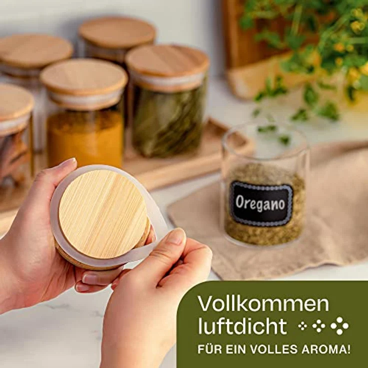 Niboline Gewürzbehälter 8er Set 250ml mit Etiketten und Stift - Luftdicht - Spülmaschinenfest - Transparent - Gewürzgläser für Gewürze und Kräuter – Bild 6