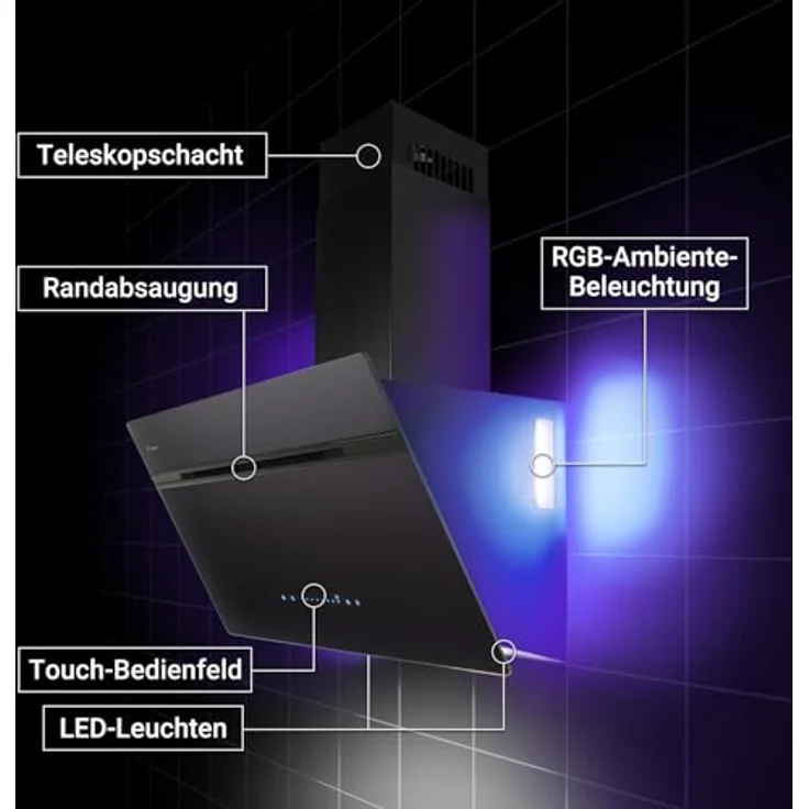 KKT KOLBE AURORA8005FB Dunstabzugshaube 80 cm, A+++ Energieeffizienz, 782 cbm/h, Umluft/Abluft, Schwarz Glas, Smart WiFi, SensorTouch, RGBW LED-Beleuchtung, Nachlaufautomatik – Bild 4