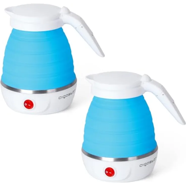Aigostar Sapphire Mini Faltbarer Wasserkocher 600ml, Tragbarer Reisewasserkocher mit Edelstahlboden, Automatisches Abschalten, BPA-frei, 1000W, Blau