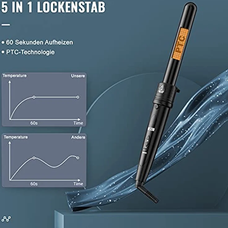ELEHOT-Store Lockenstab 5 in 1 LCD Keramikbeschichtung Multifunktions Austauschbare Welleneisen mit Handschuhe Lockenwickler Kit ET-W301, Turmalin und Keramik-Technologie, automatische Abschaltung, schwarz – Bild 2