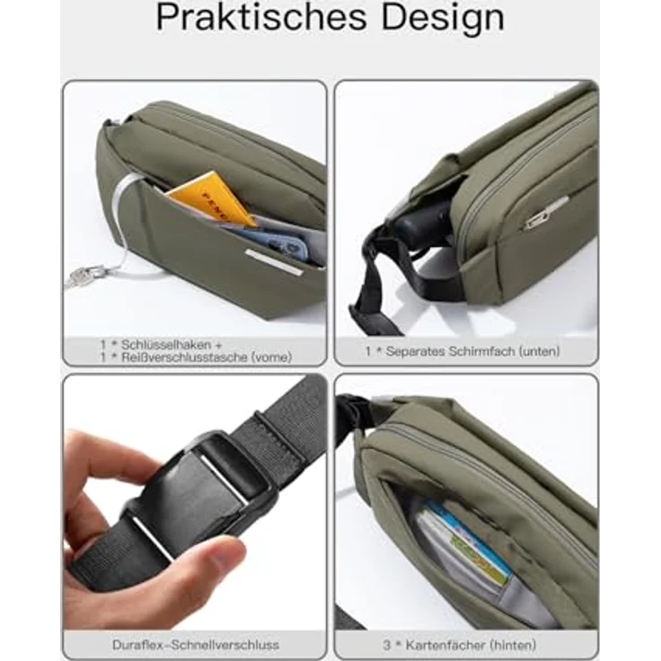 Inateck Sling Bag X, wasserabweisende Umhängetasche mit verstellbarem Schultergurt, olivgrün, 19 Fächer, kompakte Struktur – Bild 4