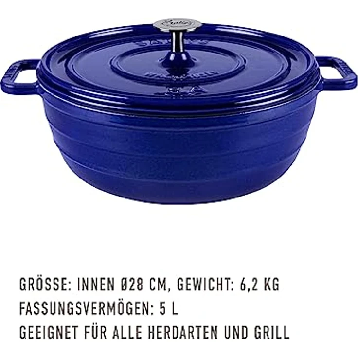 Sallys 'Ela' Deluxe Gusseisentopf - Robustes und Hochwertiges Kochjuwel für Perfektes Garen (Royal Blue Majolika) - 5 Liter Fassungsvermögen und Hitzebeständig bis 250 °C – Bild 2