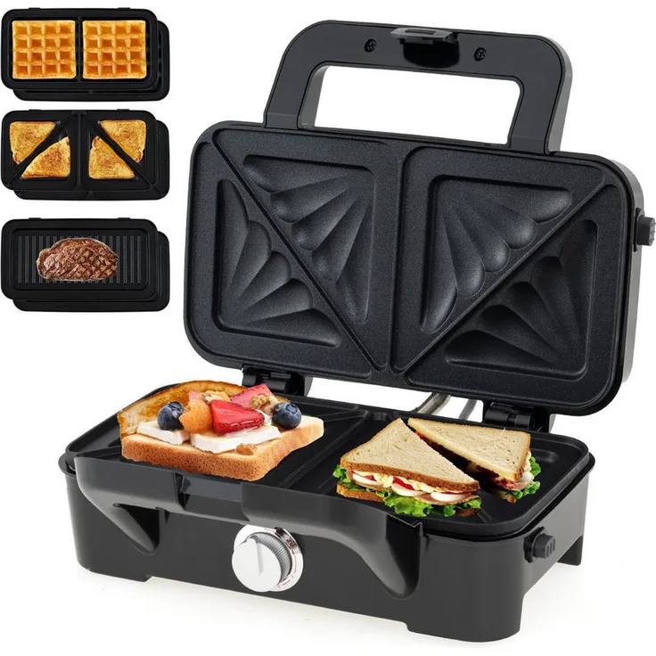 COSTWAY 3-in-1-Sandwichmaker, 1200 W, Waffeleisen, Panini-Presse mit 6 antihaftbeschichteten Platten, schwarz