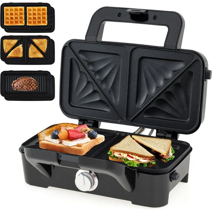 COSTWAY 3-in-1-Sandwichmaker, 1200 W, Waffeleisen, Panini-Presse mit 6 antihaftbeschichteten Platten, schwarz