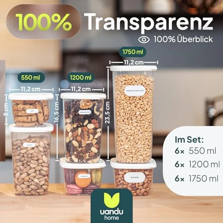 UANDU Vorratsdosen mit Deckel Luftdicht Set, BPA frei, Aufbewahrungsbox mit Deckel Küche, Vorratsdosen-Sets, Vorratsdose Küchenorganizer, Vorratsbehälter Mehl Aufbewahrung Küche - 18 Mix/Weiß – Bild 3