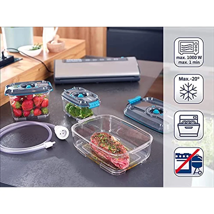 Leifheit 3er Set Vakuum-Frischhaltedosen, luft- und wasserdichte Vorratsdose, Dosen passend für Leifheit Vakuumiergeräte, BPA-frei & spülmaschienengeeignet, zum Einfrieren und die Mikrowelle geeignet – Bild 3
