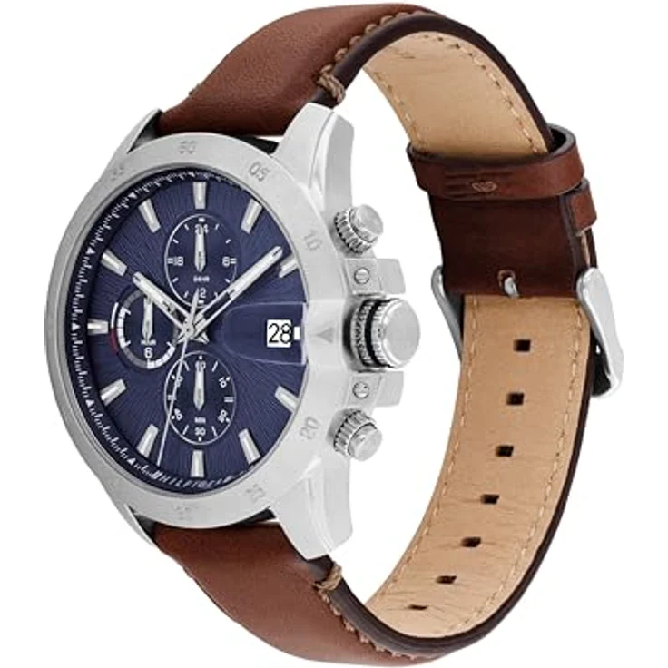 Tommy Hilfiger 1792195, Herren Dual-Time Uhr mit braunem Lederarmband, 43mm Edelstahlgehäuse, blaues Zifferblatt, 5 ATM wasserdicht – Bild 2