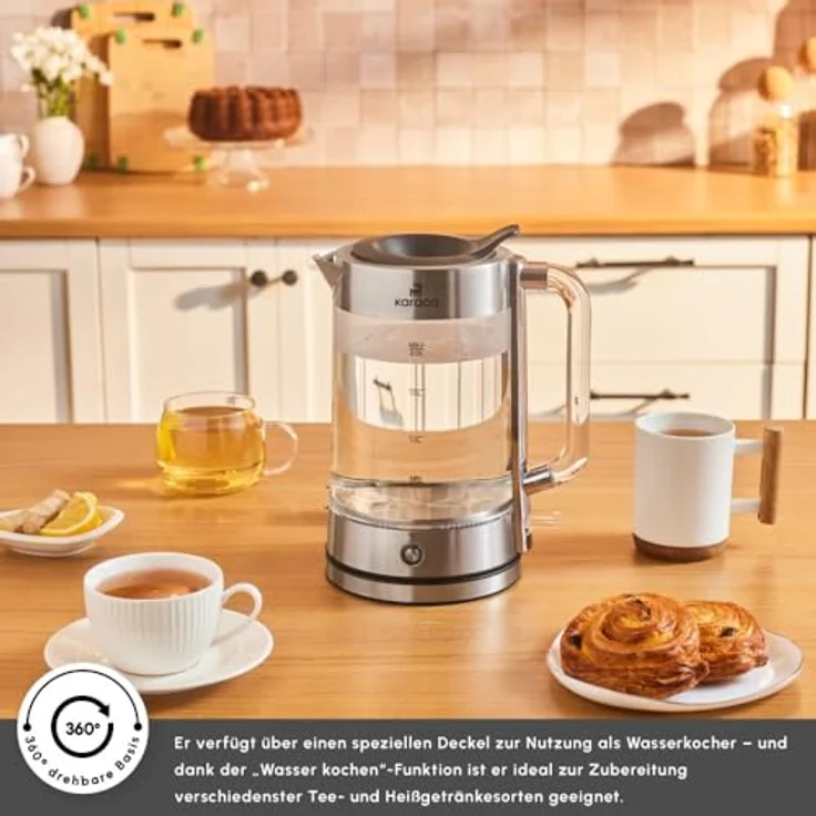 Karaca Luma Glas-Teemaschine, 2200W mit 0,8L Teekanne & 2L Wasserkocher, Warmhaltefunktion, LED-Beleuchtung, für 30 Gläser/13 Tassen, elegantes Glasdesign mit Griffen – Bild 5